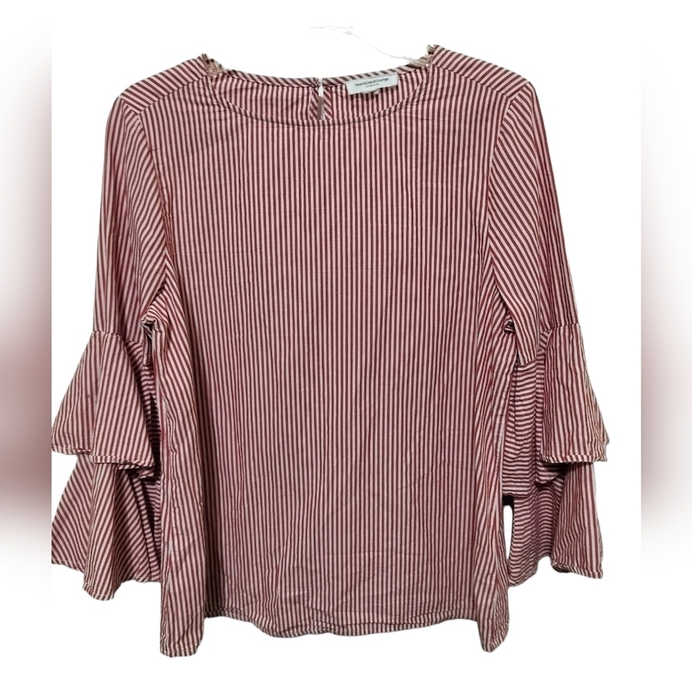 (1666) BeachLunchLounge Red White Striped Ruffle Sleeve Cotton Top